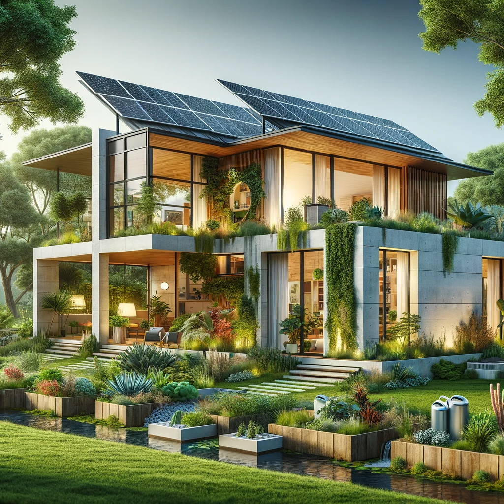 A modern eco-friendly house with solar panels, recycled material walls, and large windows, surrounded by a rainwater harvesting system and native plants in a serene green landscape.