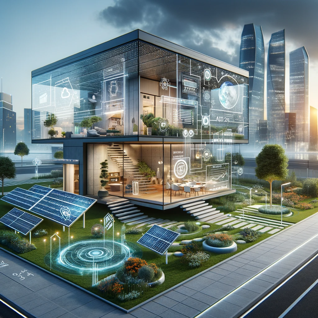 A futuristic house with transparent solar panel walls, a self-cleaning surface, and a smart adaptable roof, set in a progressive urban environment.