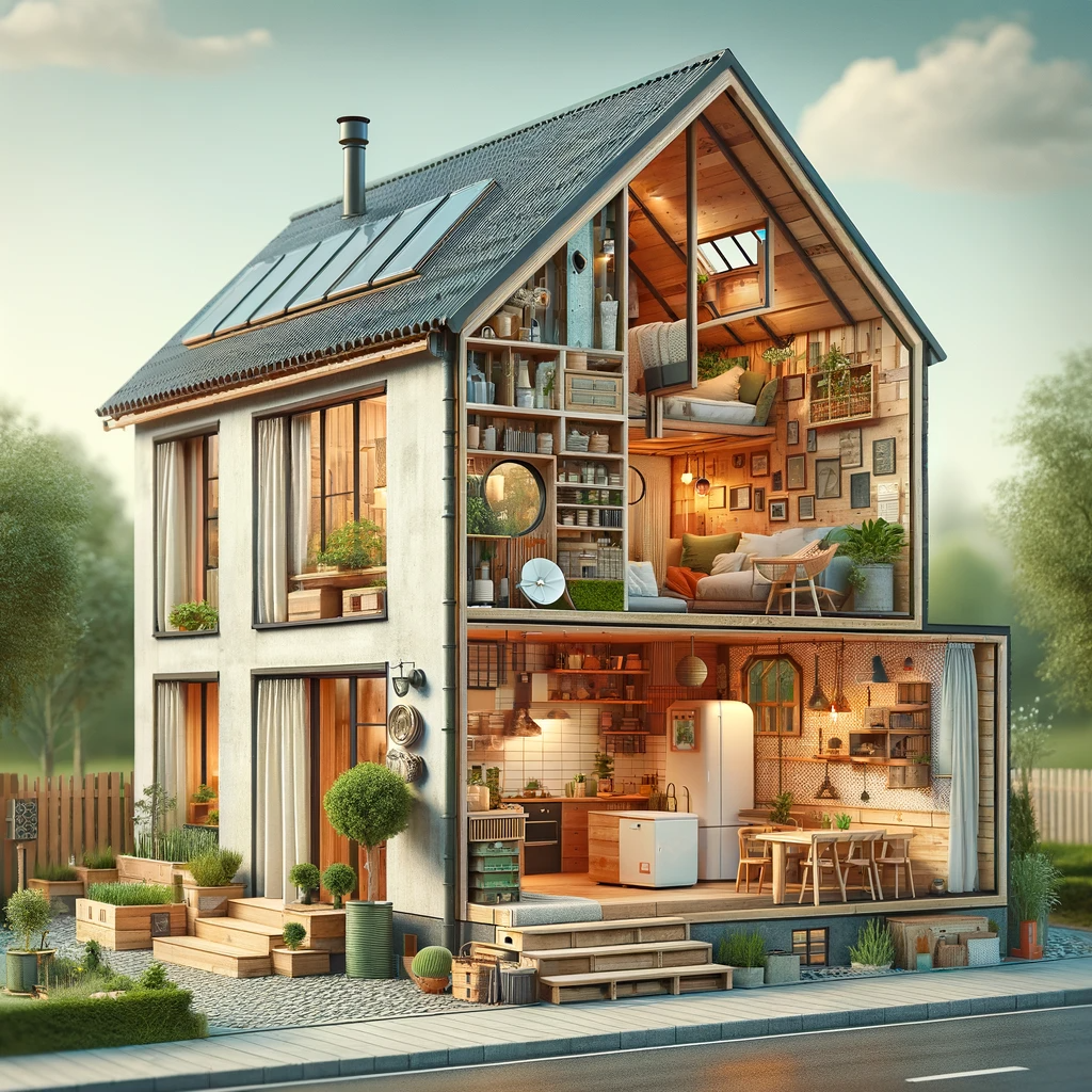 A budget-friendly home with reclaimed wood, recycled bricks, energy-efficient windows, upcycled furniture, and a small garden with a rainwater collection system.