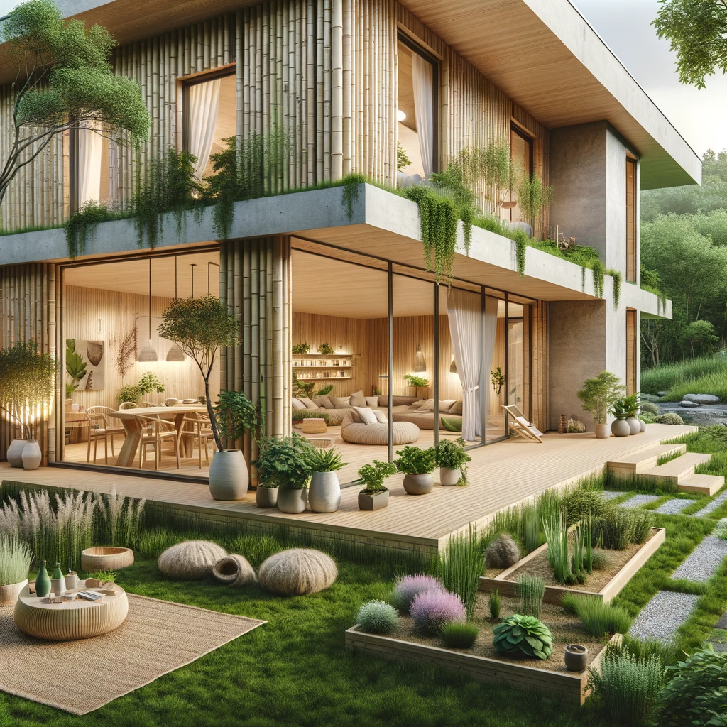 A home built with eco-friendly, non-toxic materials like bamboo flooring, natural clay walls, and wool insulation, surrounded by a garden with medicinal plants in a natural setting.