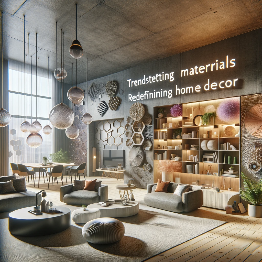 Modern living room with 3D-printed furniture, smart glass, and walls with sustainable textured paints, combining modern and sustainable design elements.