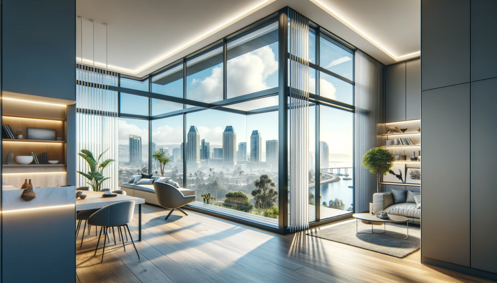 Modern interior of a San Diego home with a large, energy-efficient bay window offering a panoramic view of the city skyline, complemented by minimalistic decor and natural light.