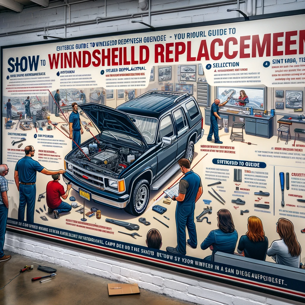 A technician demonstrating windshield replacement in a San Diego workshop with an informational poster guide.
