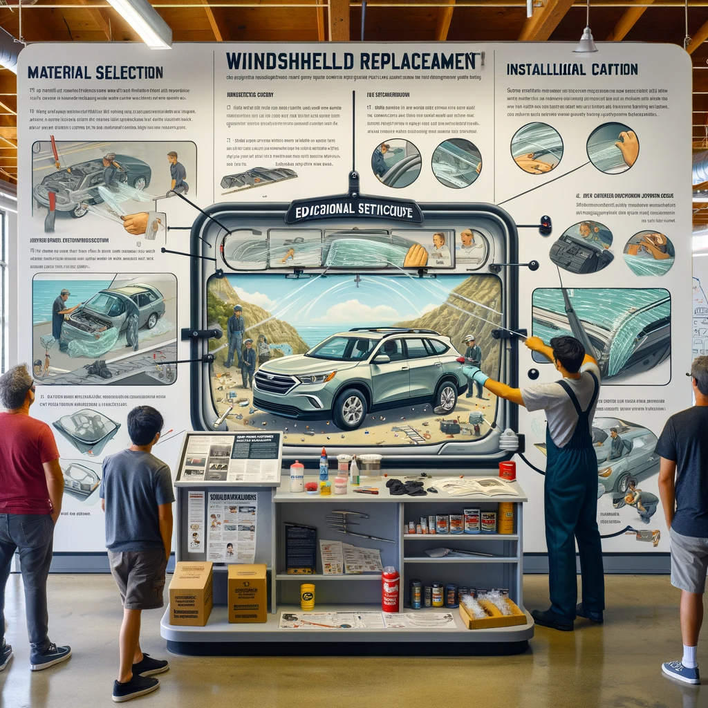 An educational display on windshield replacement in a San Diego service center with a mechanic demonstrating the process.