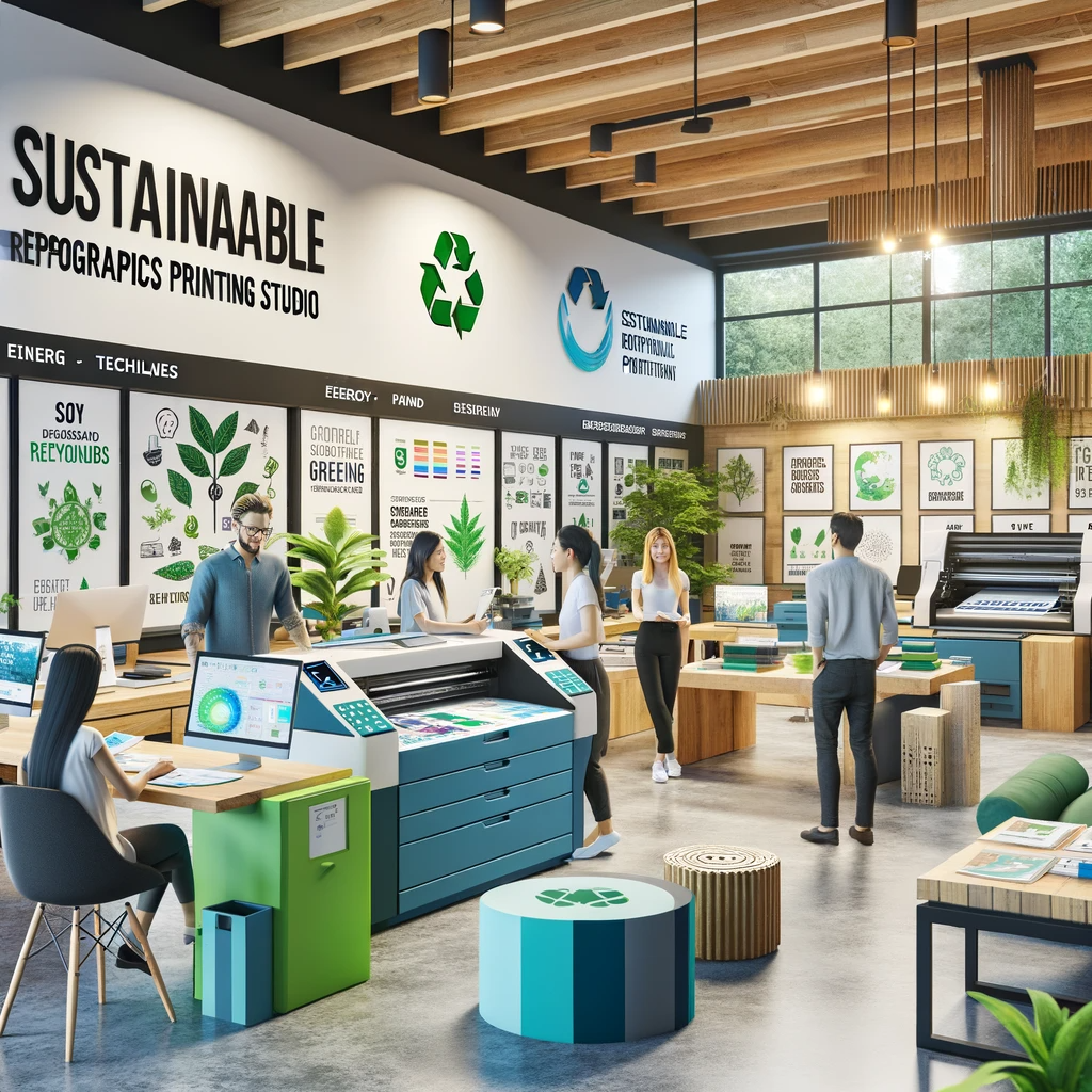 A sustainable reprographics printing studio using soy-based inks and recycled materials, with educational displays on eco-friendly practices
