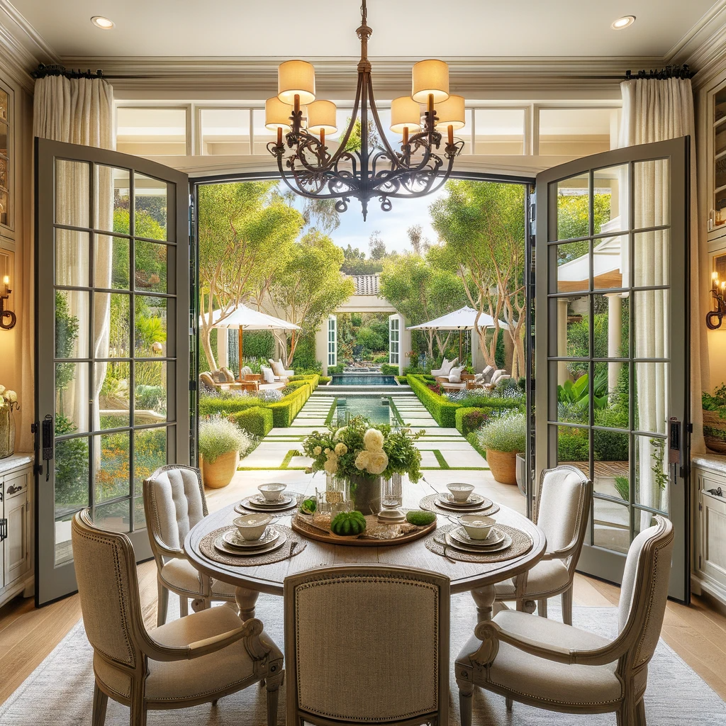Inviting dining area in San Diego home with elegant French doors opening to a garden.