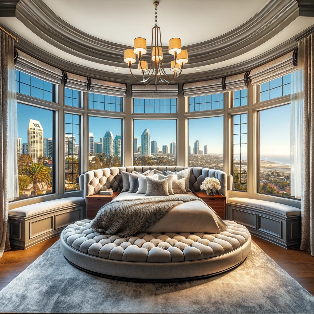 Luxurious master bedroom in San Diego with a bay window offering a city skyline view.