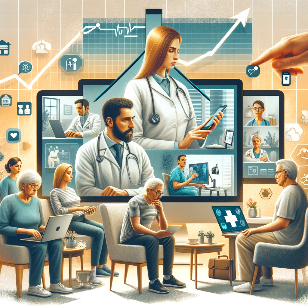 A digital illustration showcasing the impact of telemedicine on diverse patients, with healthcare professionals consulting via digital devices and a background graph indicating improved health outcomes.