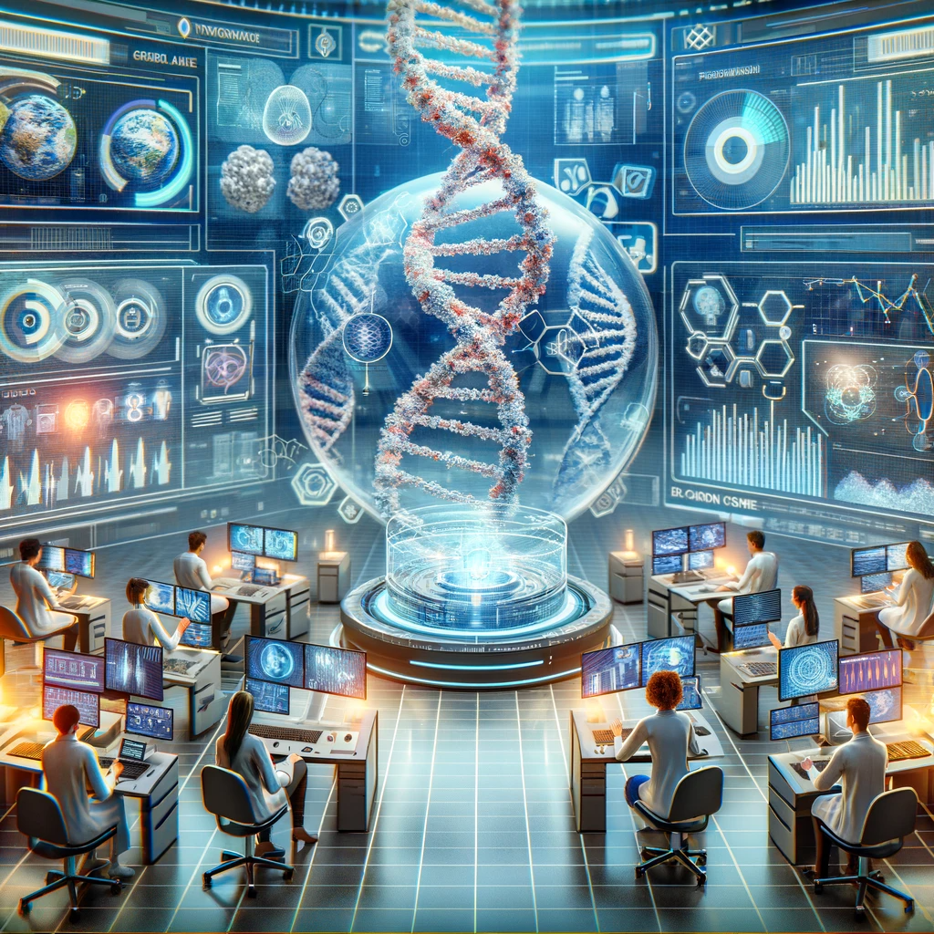 A digital illustration showing a futuristic lab with diverse scientists conducting DNA analysis, surrounded by genetic data and personalized treatment plans.