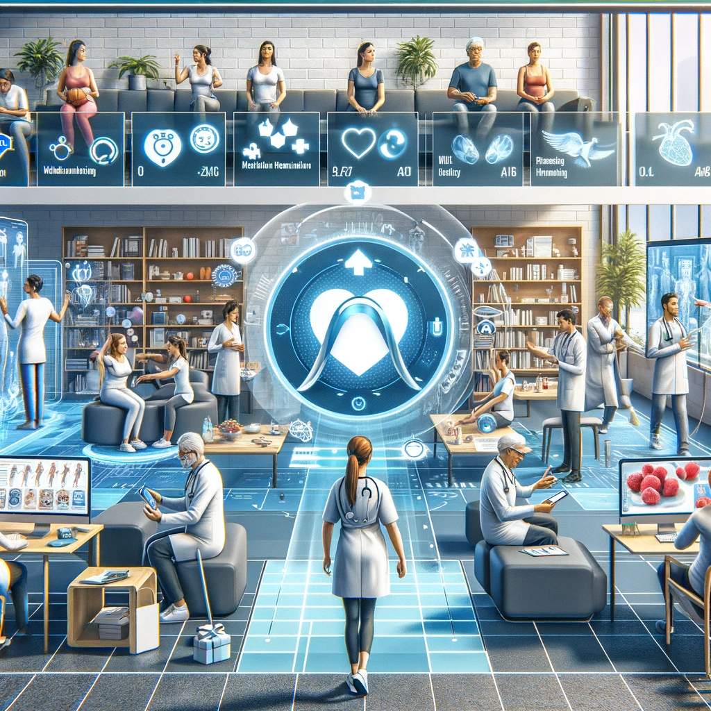 A digital illustration of a modern clinic with diverse patients and healthcare professionals using innovative technologies for chronic disease management.