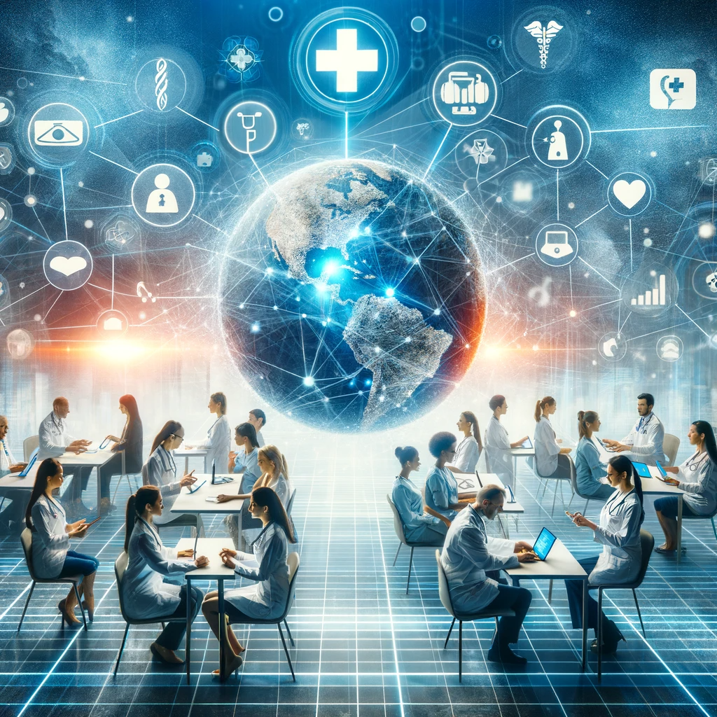 Diverse individuals using telemedicine services on digital devices within a connected global network.