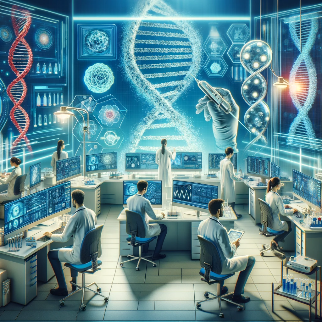 "Researchers in a futuristic lab analyzing genetic data for personalized medicine."