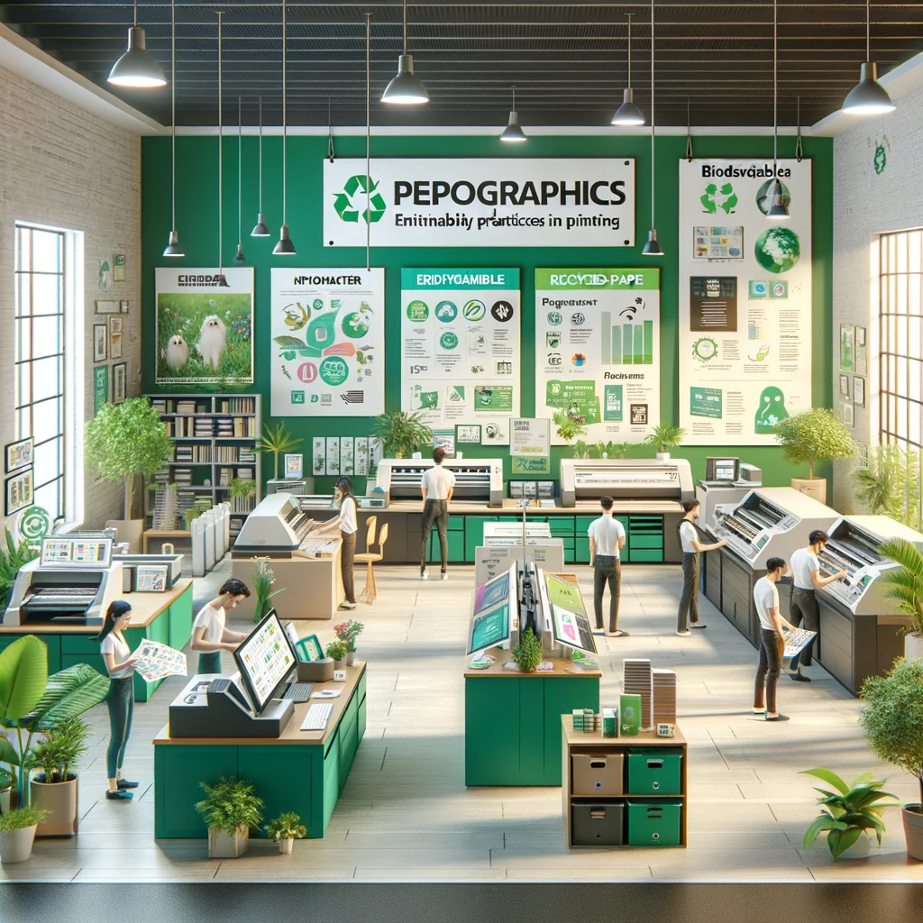 An eco-friendly reprographics printing shop with staff using environmentally friendly inks and recycled paper.