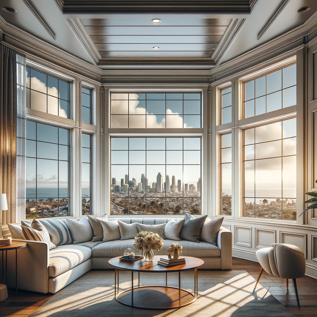  Cozy living room in a San Diego home with large bay windows showcasing the city skyline.