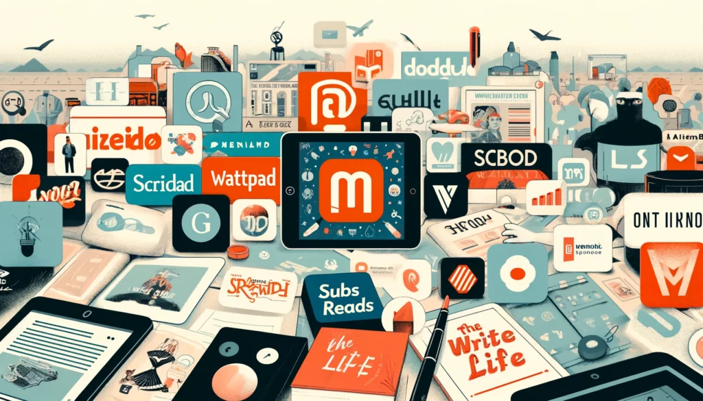 A collage of popular publication websites for writers and readers, featuring icons or logos of Medium, Wattpad, Scribd, Substack, Goodreads, Reedsy, The Write Life, and BookBub, with a light background and elements like books, pens, and tablets.