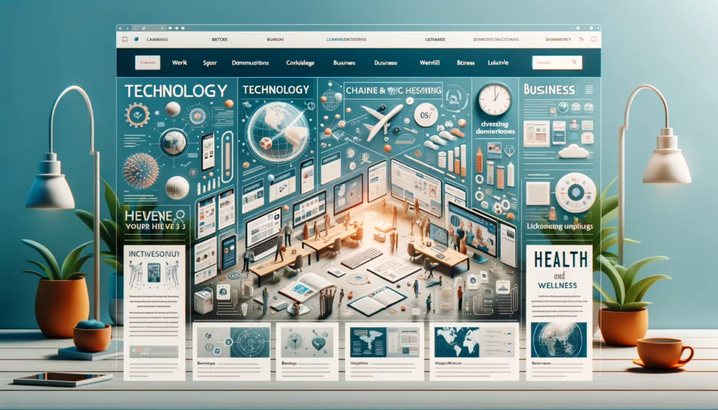 A modern, well-designed website homepage showcasing various content sections such as technology, health and wellness, business, and lifestyle, with a clean and user-friendly layout featuring images, infographics, and interactive features.
