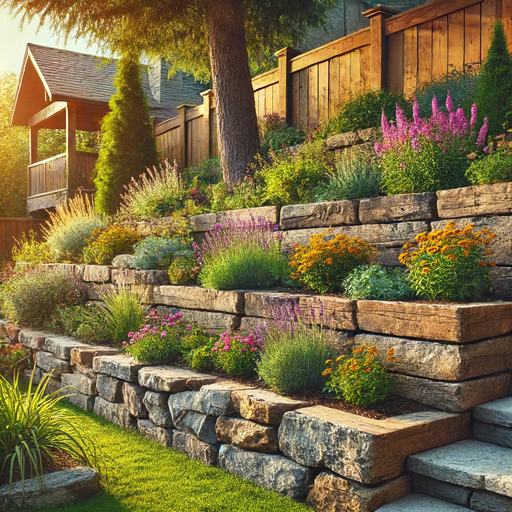 A rustic natural stone retaining wall in a warm, sunny backyard, supporting a garden with colorful flowers and greenery on a sloped terrain.